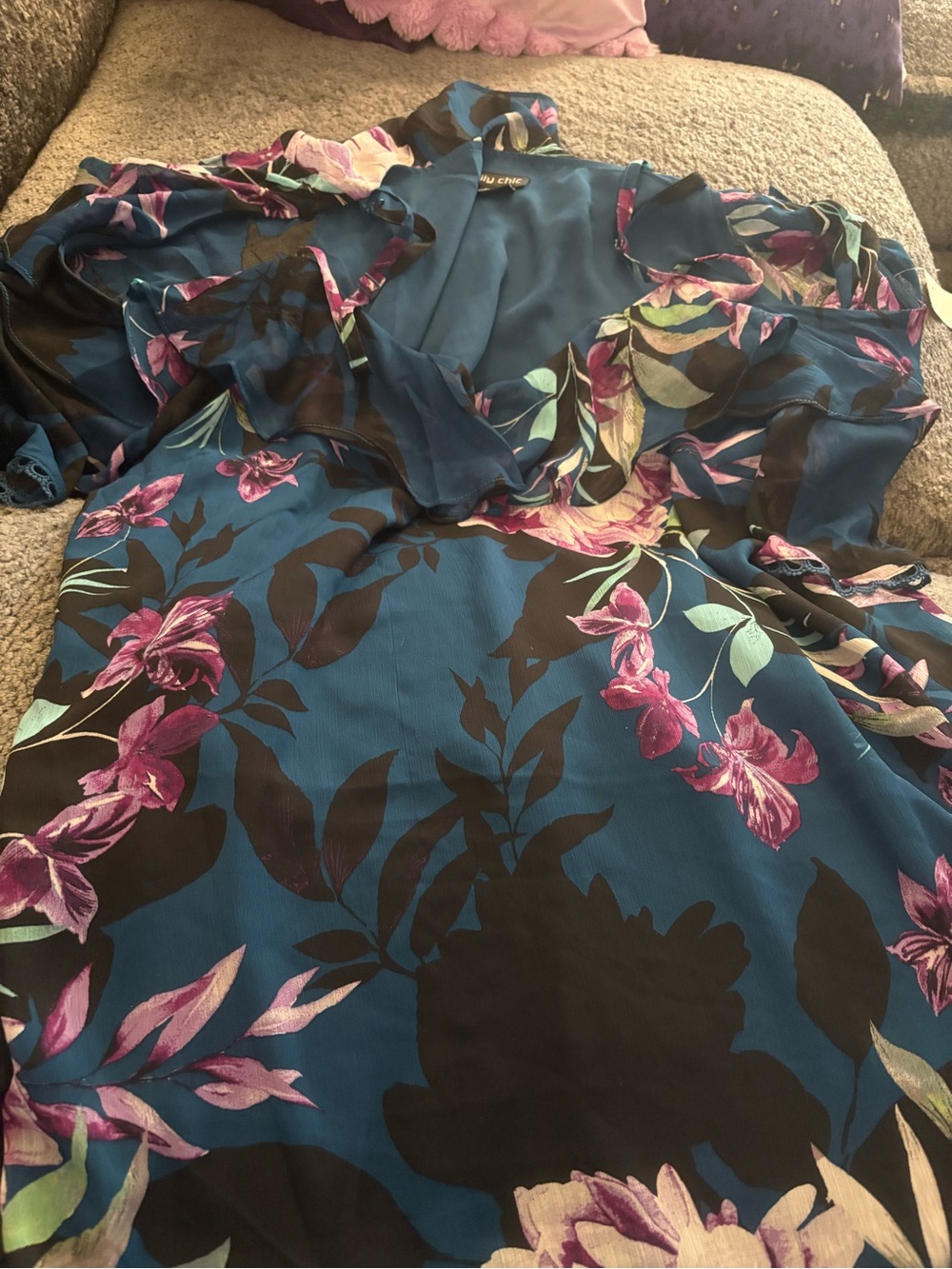 Teal Floral off the shoulders shirt with Pink Blooms